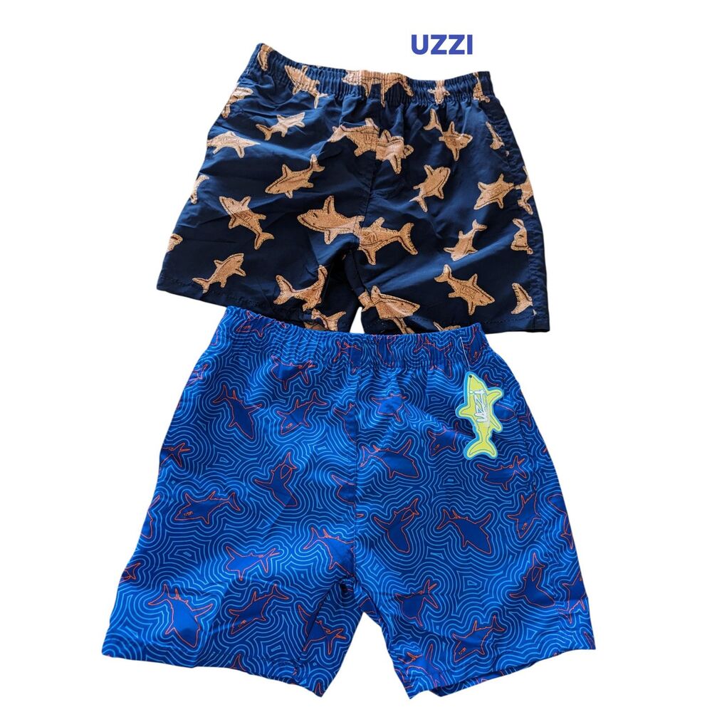 UZZI Boys Swim Trunks Lot of 2 Shark Print Mesh Lined Shorts SizeL NWT